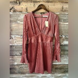 Velvet Ribbed V-Neck Long Sleeve Dress - Pink